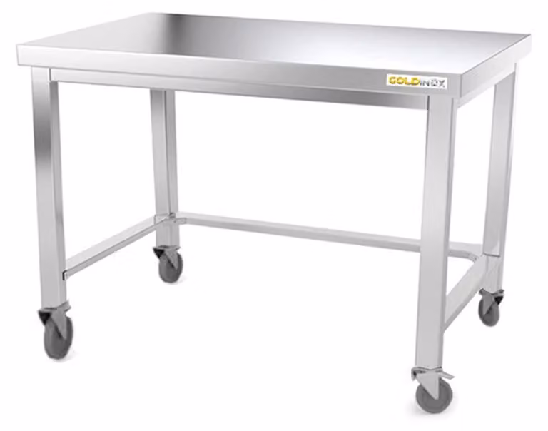 Tavolo da lavoro in acciaio inossidabile, base da 1200 x 600 mm, con rinforzi e dotato di rotelle, serie PREMIUM - GOLDINOX