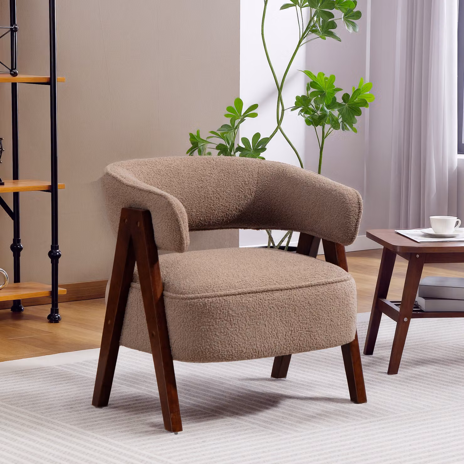 Poltrona da salotto HOMCOM in bouclé marrone con seduta ampia e braccioli, L 70 cm x P 64 cm x H 71 cm – 2