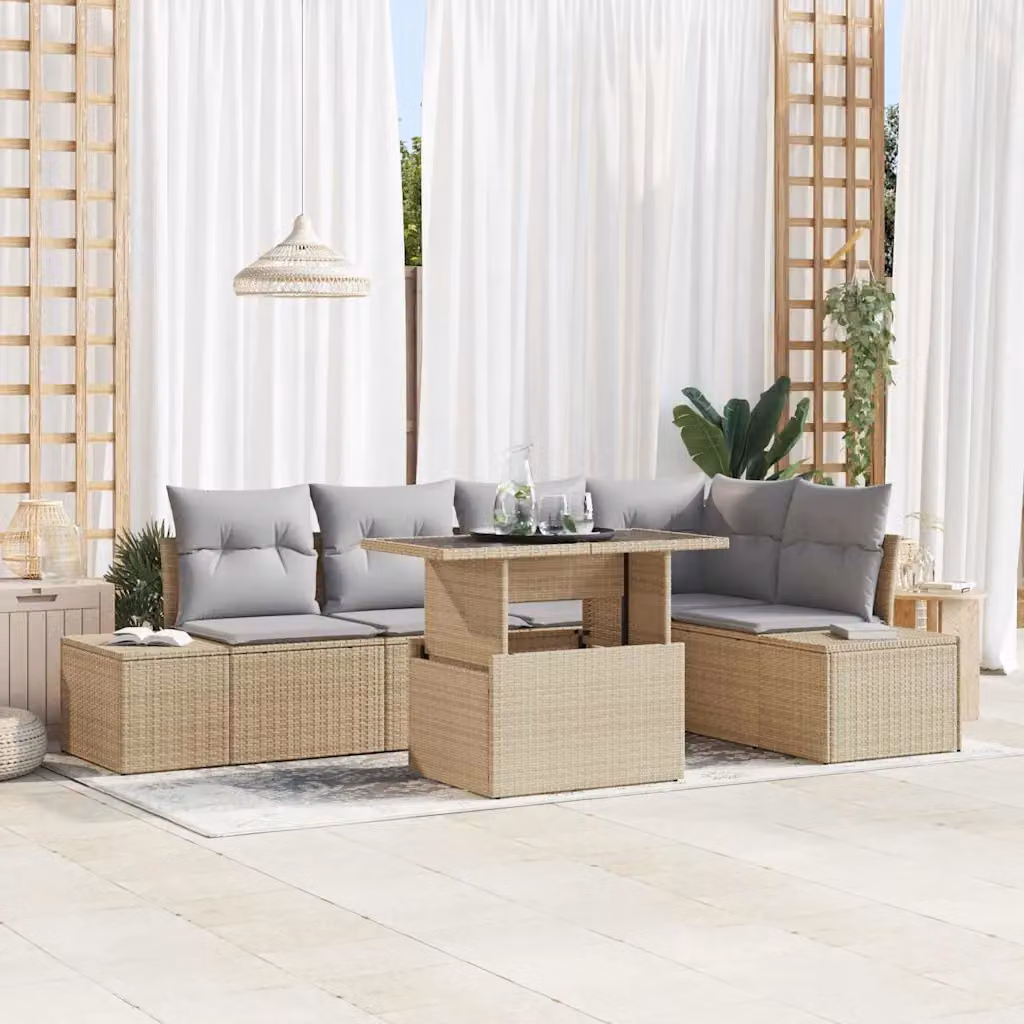 Set Divano da Giardino vidaXL 6 Pezzi in Polyrattan Beige con Cuscini e Tavolino