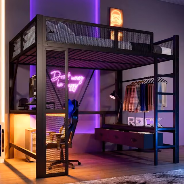 Letto a castello in metallo e MDF nero con scrivania LED USB e cassetti 140x200 cm