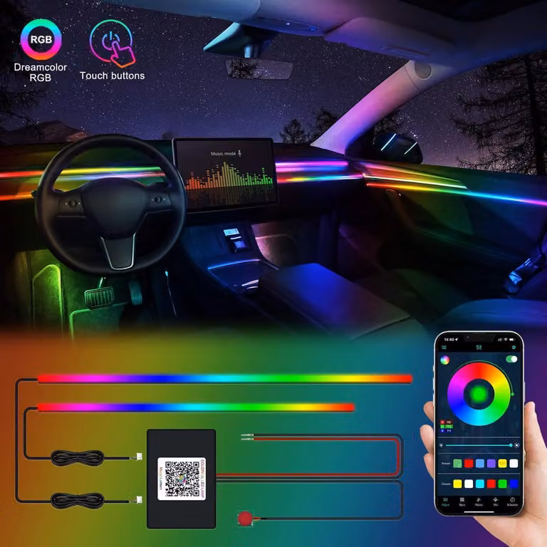 Illuminazione interna per auto a LED, RGBIC, tecnologia Dreamcolor, controllo tramite app, kit luce ambientale 2-in-1, con effetto musicale