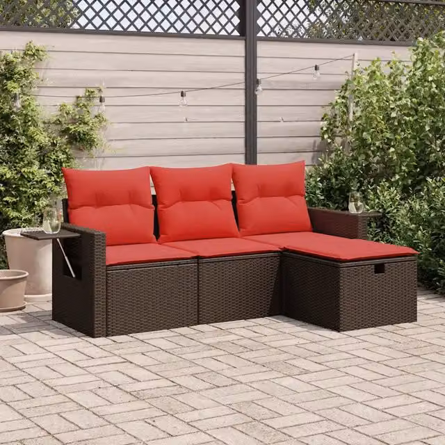 Set Divano da Giardino a L vidaXL con Cuscini Marroni e Polyrattan per 4 Persone