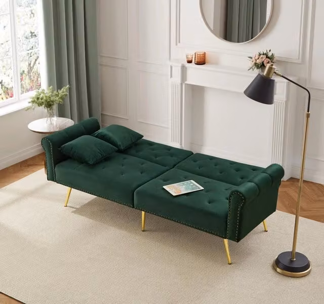 Divano Letto 2 Posti ¨C MINIMAL ¨C Velluto, Schienale Regolabile, Piedini Dorati