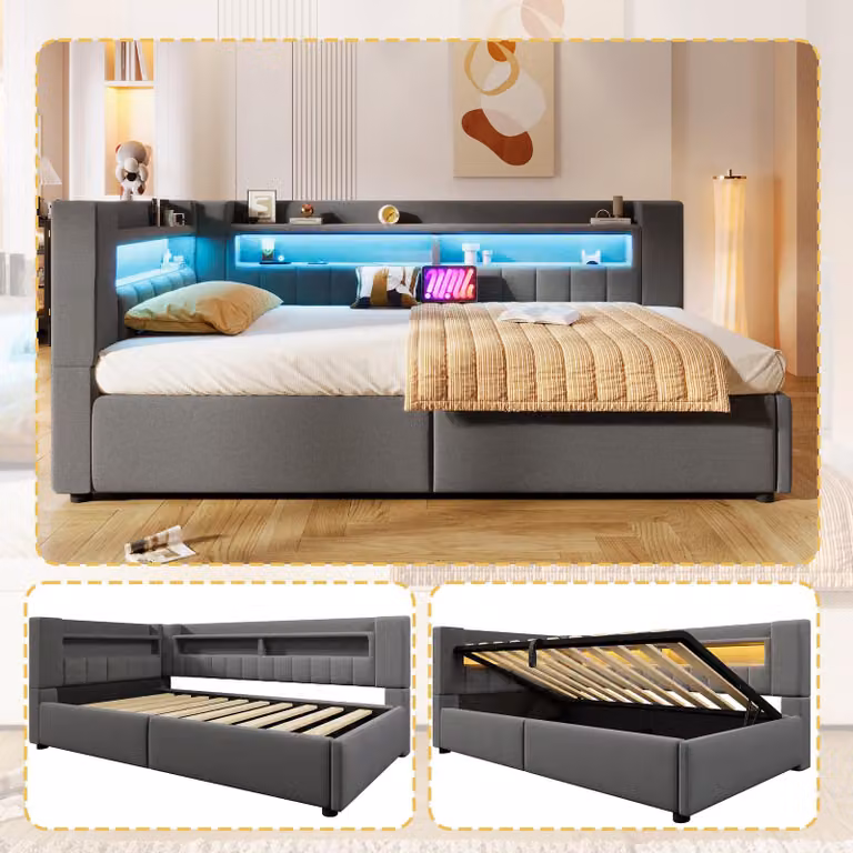 Letto a giorno 90x200 cm con spazio contenitore idraulico, illuminazione LED controllabile tramite app, porte USB e di tipo C, struttura in lino/MDF, divano letto senza materasso, colore grigio