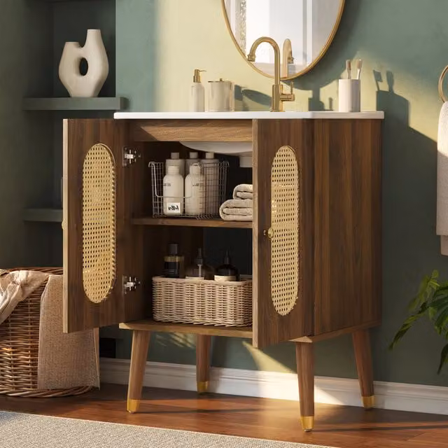 Mobile sottolavabo bagno Minimal bianco e legno multistrato con ante in rattan e ripiani interni