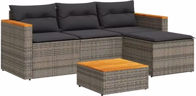 Set Salotto da Giardino 3 Pezzi in Polyrattan Grigio con Cuscini e Tavolino – 1