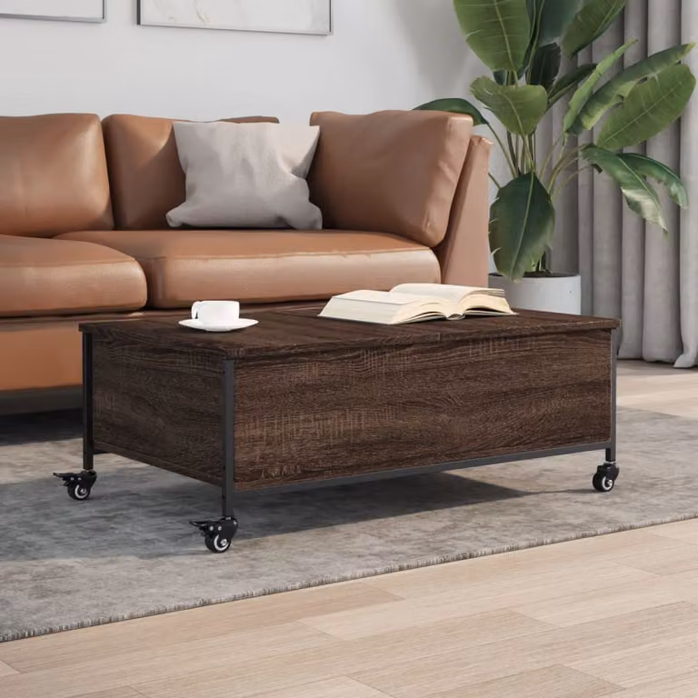 Tavolino con ruote vidaXL in legno multistrato color rovere marrone L: 91 cm, P: 55 cm, H: 34 cm