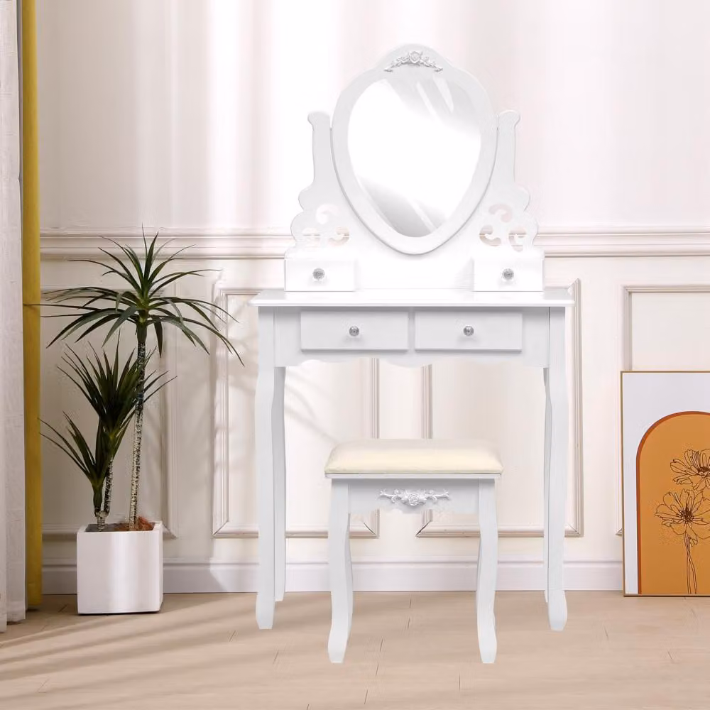 Tavolo da trucco 3 pezzi con specchio, 4 cassetti e sgabello HDT04-WEI bianco