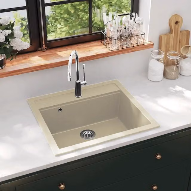 Lavello da Cucina in Granito Vasca Singola-Lavandino-Lavabo Beige 337412