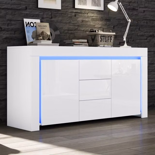 Madia moderna Mivray in MDF bianco lucido con 2 ante, 3 cassetti soft-close e illuminazione LED controllabile tramite app, L 140 x P 40 x H 65 cm