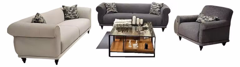 Dreiteiliges Wohnzimmer-Set 2x 3-Sitzer + Sessel in Grau.