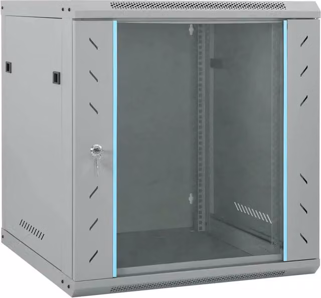 Armadio industriale da parete HELLOSHOP26 in metallo e vetro grigio con ante in vetro e serratura, L: 60 cm, P: 60 cm, H: 65 cm