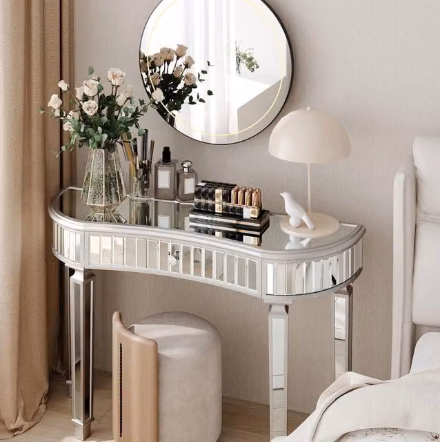 Consolle a Mezzaluna 120 cm con Specchio, Tavolo Moderno Grigio e Argento con Vetro Scanalato e Cassetto con Pomello in Cristallo