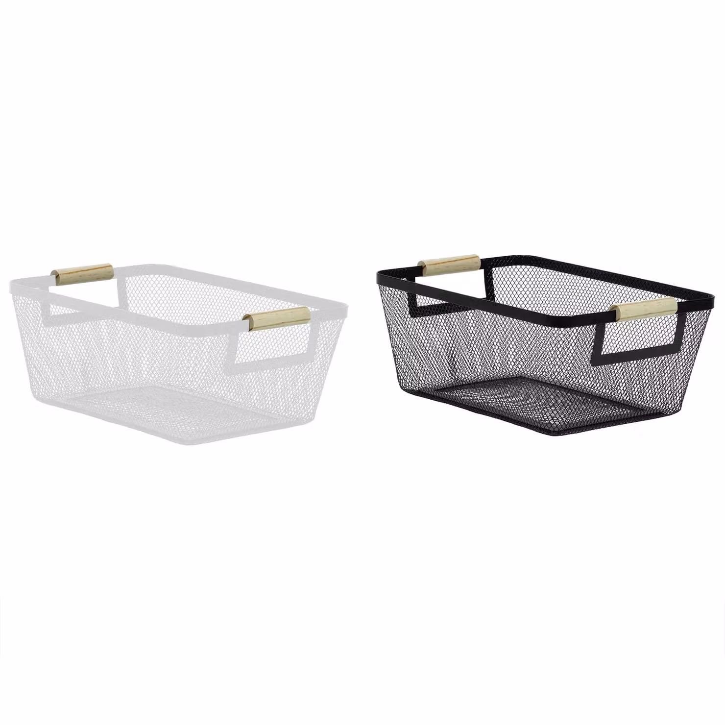 Cesta portaoggetti in metallo mesh con manici in legno Vestiamo Casa, disponibile in bianco o nero, H 13,5 x L 33 x P 22 cm