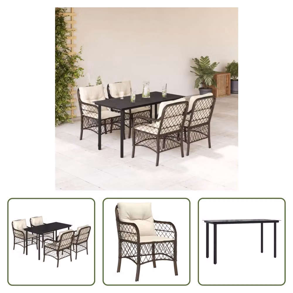 The Living Store Set da pranzo da giardino 5 pezzi con cuscini in polirattan marrone
