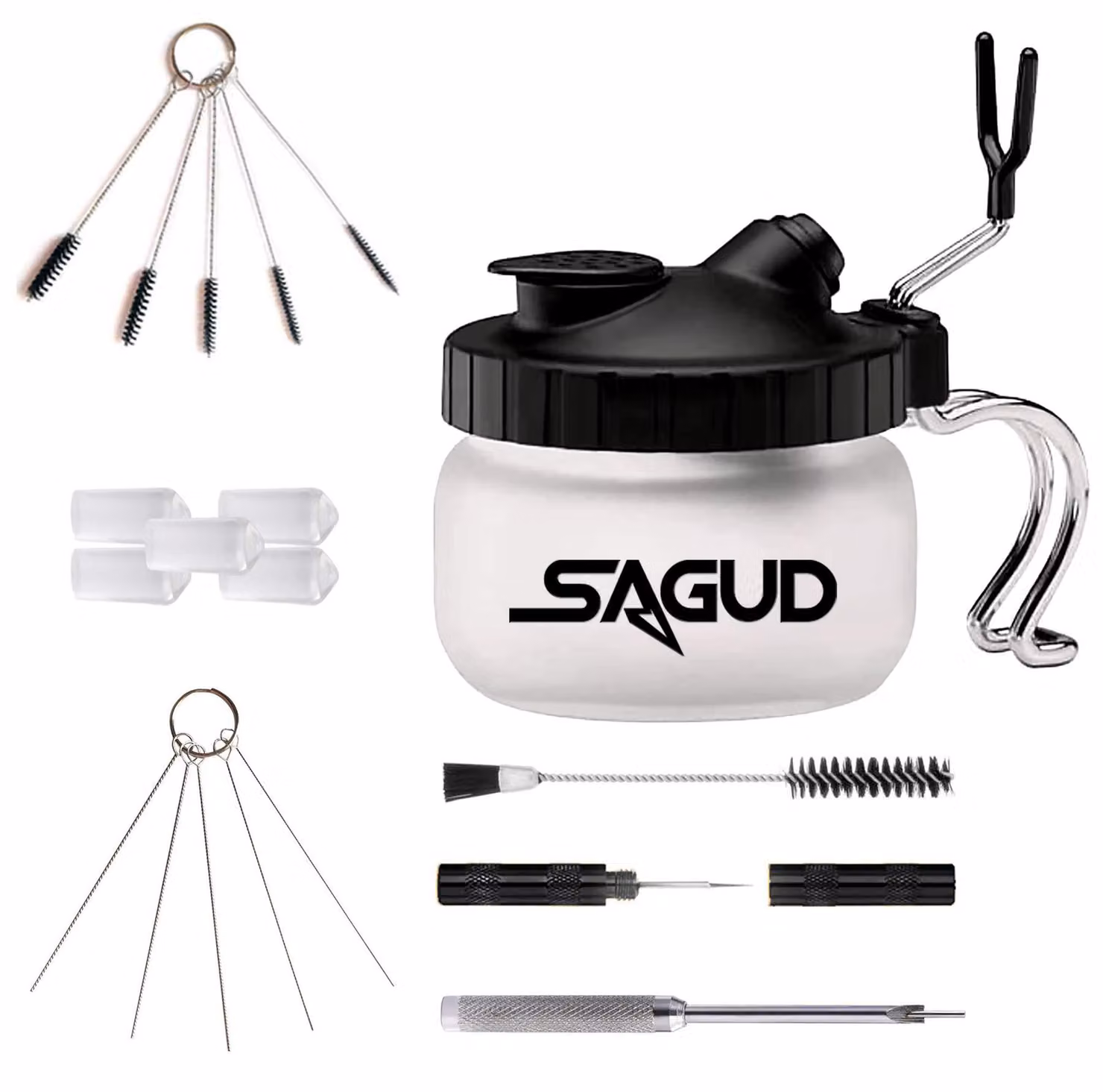 Kit di pulizia per aerografo, completo di spazzole, aghi e becher di vetro