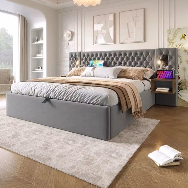 Letto matrimoniale 160x200 cm con contenitore e testiera con luci USB in velluto grigio (Senza materasso)