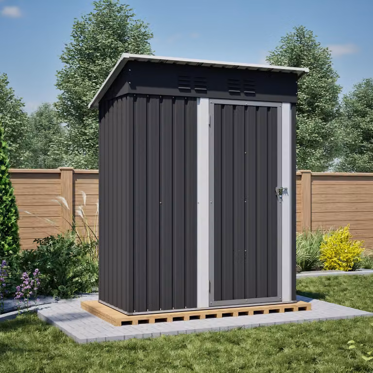 Edificio per ripostiglio, dimensioni 152,2 x 83,6 x 182 cm, superficie 1,27 m². Capanno per attrezzi in acciaio verniciato a polvere, porta in metallo con serratura, senza finestre, tetto piano, colore nero