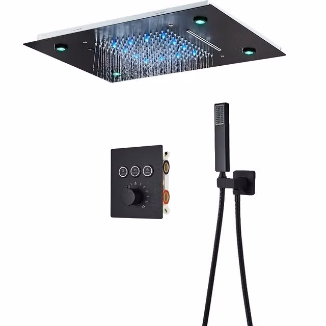 Set di rubinetteria per doccia, finitura oro spazzolato, soffione a pioggia LED, set nero opaco