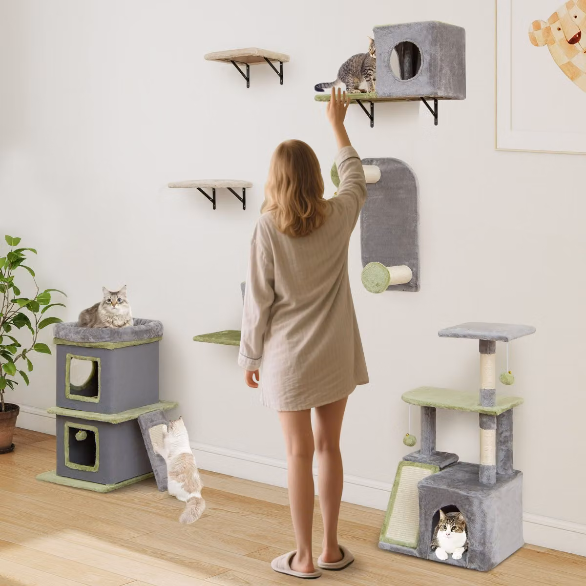 Set di mobili per gatti 3 in 1 Costway con condominio e strutture a muro in MDF e tessuto, Grigio