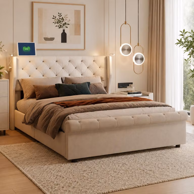 Letto imbottito INONEFT 140x190 cm con LED e USB, letto a molle con contenitore e rete, letto a due piazze per giovani con sistema idraulico e spazio contenitivo, rivestito in velluto color beige