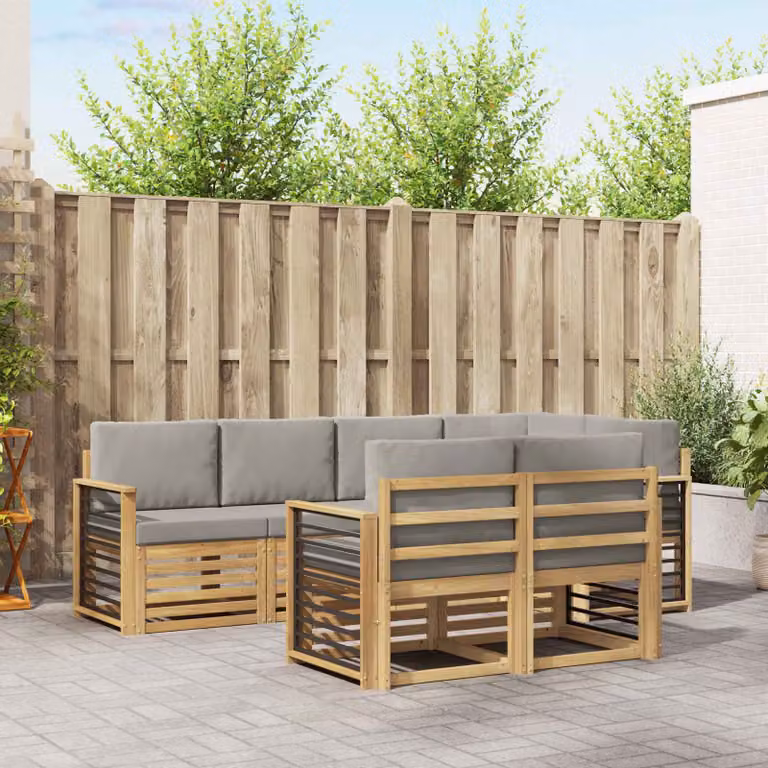 Set di divani da esterno vidaXL 7 pz a forma di L con cuscini, Bianco e Grigio, in legno di acacia e tessuto