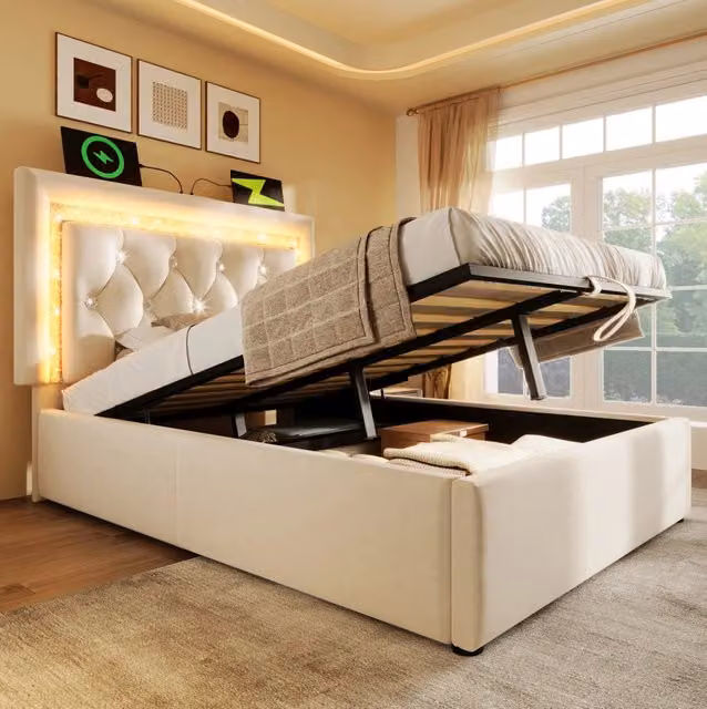Letto 90x200 cm in velluto beige con LED, USB, Type-C e contenitore idraulico