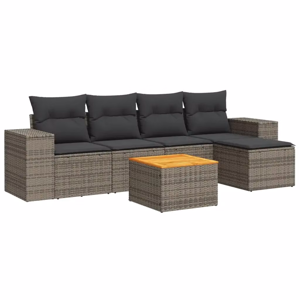 vidaXL Set Divano da Giardino 6 pz a L in Polyrattan Grigio con Cuscini e Tavolino – 2