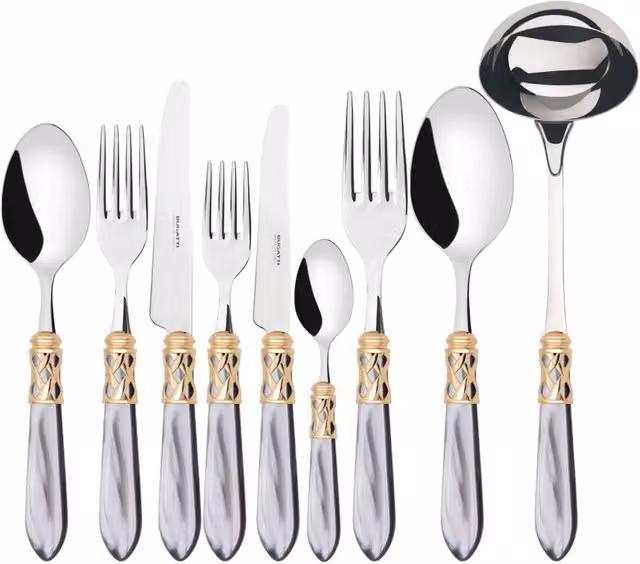 Set di posate ALADDIN con ghiera dorata, 75 pezzi in acciaio inossidabile e acrilico, colore grigio, con custodia Gallery