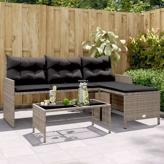Set da giardino a L vidaXL con divano a 3 posti, tavolo da caffè e cuscini, colore grigio