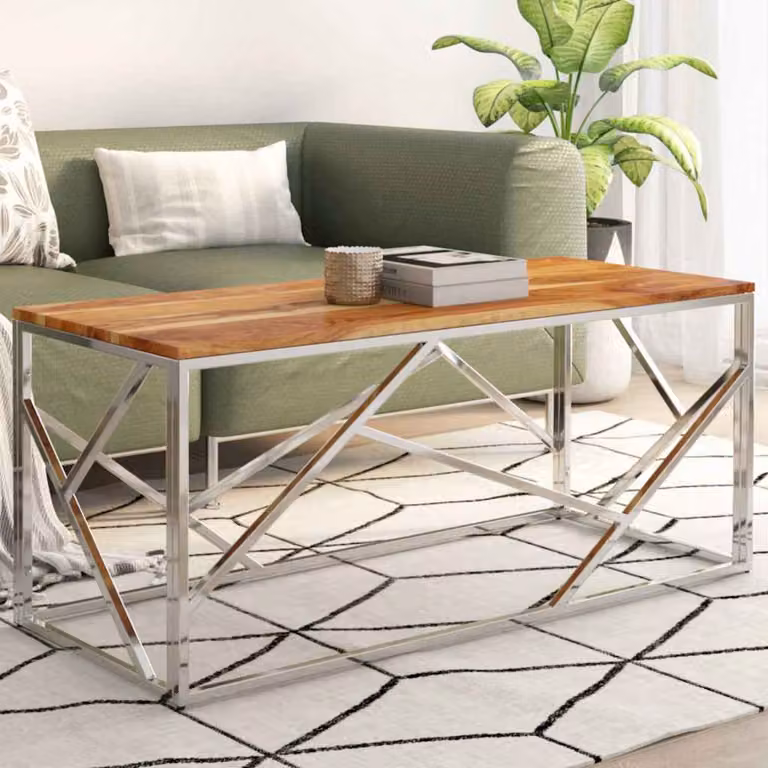 vidaXL Tavolino da Salotto Moderno in Legno di Acacia e Acciaio Inox Argento, L/P/H: 110 x 45 x 45 cm