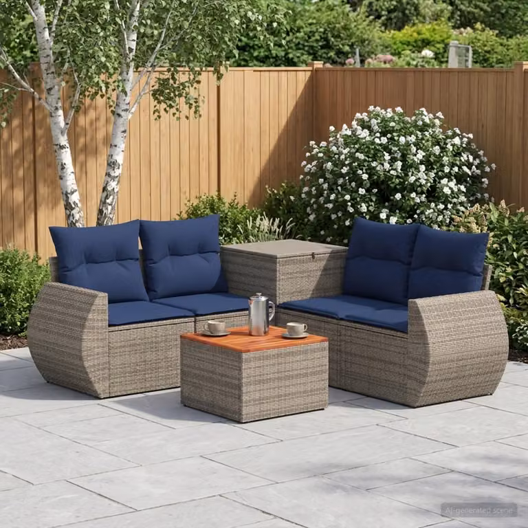 Set di divani da giardino vidaXL a forma di U composto da 6 pezzi in rattan e acciaio con cuscini inclusi, colori grigio e blu navy