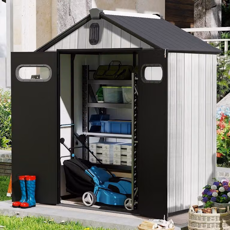 Casetta da giardino in plastica, dimensioni 1,8 x 1,2 metri, colore grigio. Resistente agli agenti atmosferici, resistente ai raggi UV, a doppia parete, con serratura e sistema di ventilazione del tetto