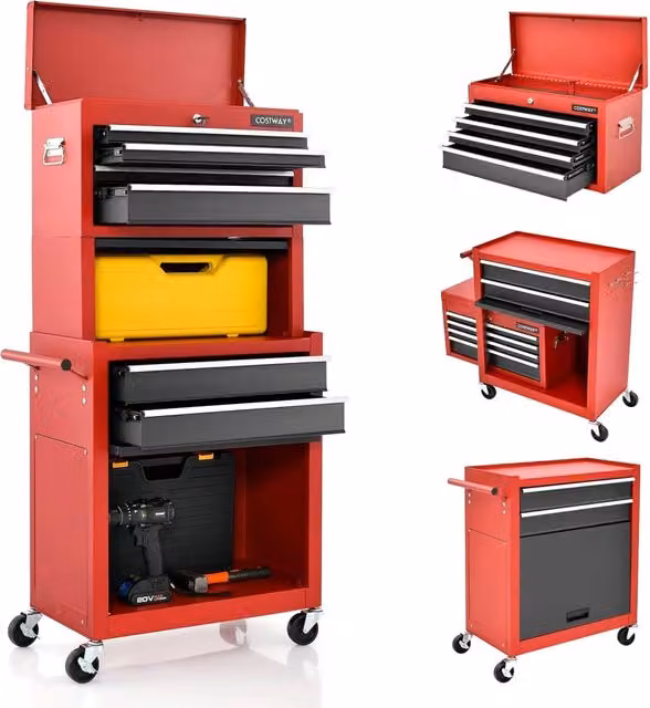 Cassettiera Portautensili COSTWAY con 6 Cassetti, Carrello per Attrezzi in Metallo con Ruote Bloccabili, Ripiano Rimovibile e Serratura, L: 61,5 cm, P: 33 cm, H: 132 cm, Nero e Rosso – 1