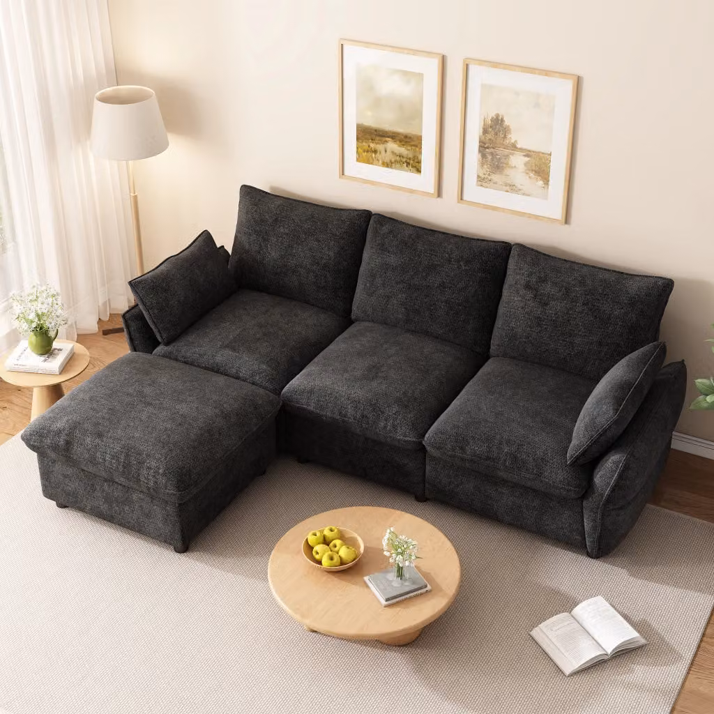 Divano angolare moderno WISHDOR a 3 posti in tessuto antracite con ottomana e 2 cuscini, L/P/H: 222,5 x 154,5 x 76,5 cm – 2