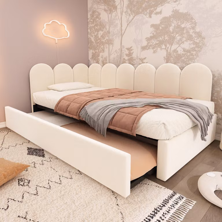 Flieks letto imbottito divano letto 90x200cm con letto estraibile, daybed con rete a doghe, letto per bambini letto per ragazzi letto singolo letto in legno, velluto, beige