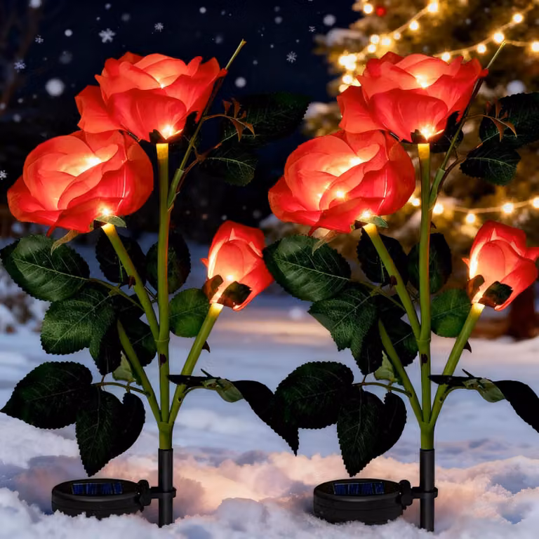 Confezione da 2 lanterne a forma di rosa solari, con 6 LED, impermeabili, di colore rosso