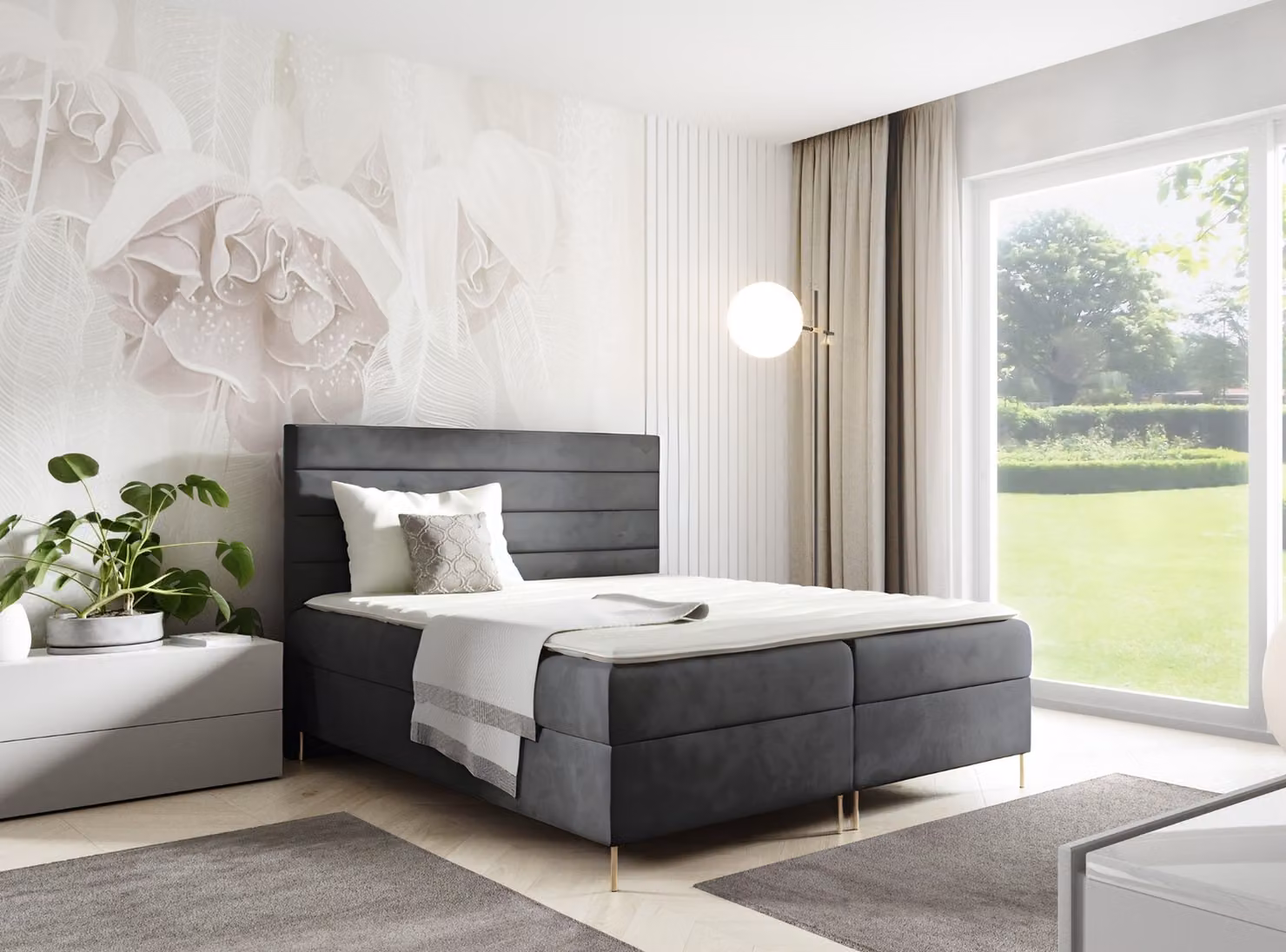 GUTTO Borsa letto DAKOTA 140 x 200cm 2x Contenitore TOPPER 5cm Libero Grigio Velour Alto Gambe Dorate