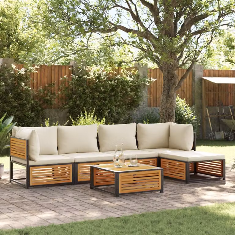 Set Divano da Giardino a L vidaXL 6 pz in Legno di Acacia e Acciaio con Cuscini Beige e Bianchi