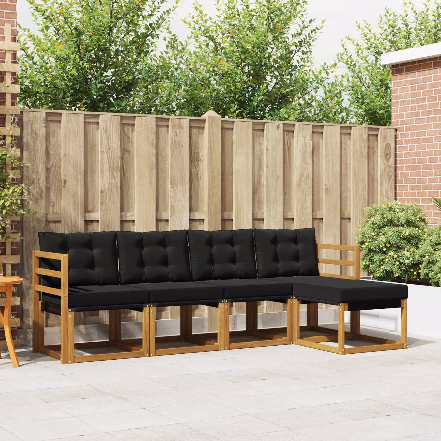 Set di divani da esterno vidaXL a forma di L con pouf, in legno di acacia trattato e tessuto textilene, colore marrone e nero