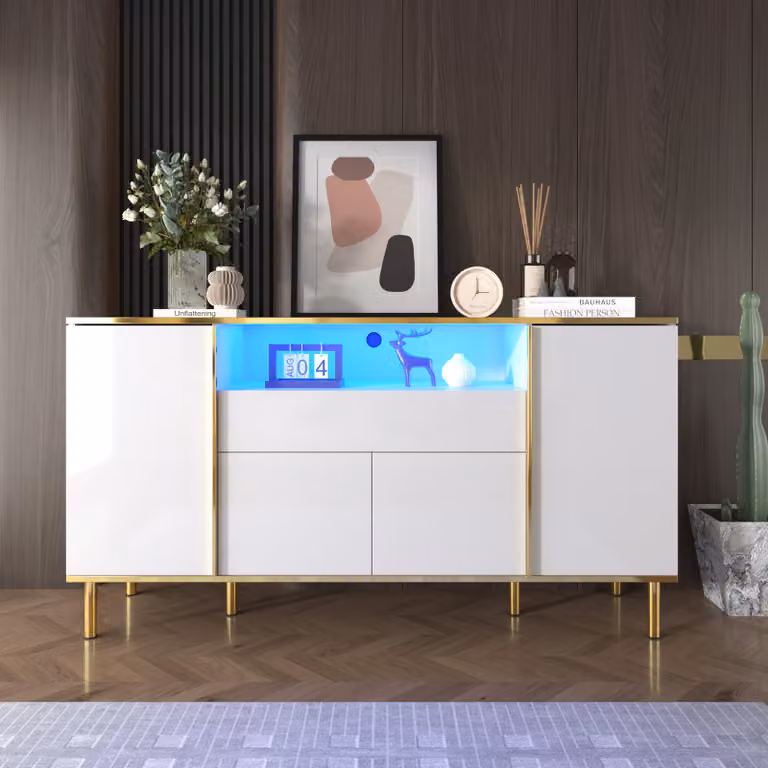 Credenza Merax lucida con illuminazione a LED, cassettiera con cornice dorata, credenza a 4 ante, mobile credenza 150x40x80cm, bianco