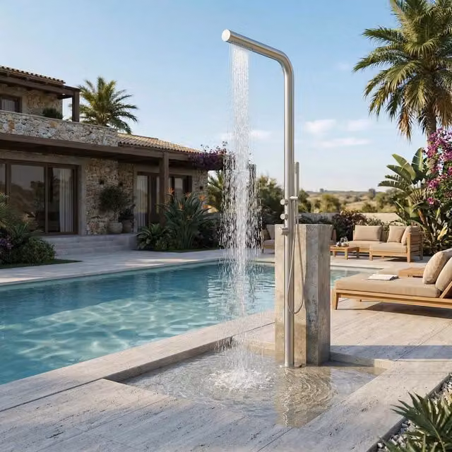 Doccia da piscina MPC in acciaio inox 316L con soffione superiore, doccetta manuale e miscelatore acqua calda-fredda, modello MX1016-INOX silver