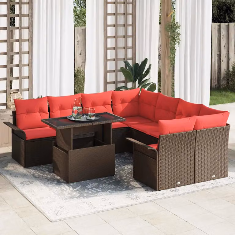 Set Divano da Giardino vidaXL 9 Pezzi a Forma di L con Tavolino, Struttura in Acciaio Verniciato a Polvere e Cuscini, Marrone e Rosso