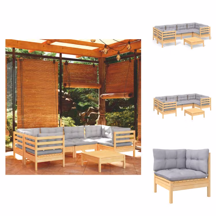 vidaXL set da salotto da giardino 7 pezzi con cuscini grigi in legno di pino - Set di mobili da giardino
