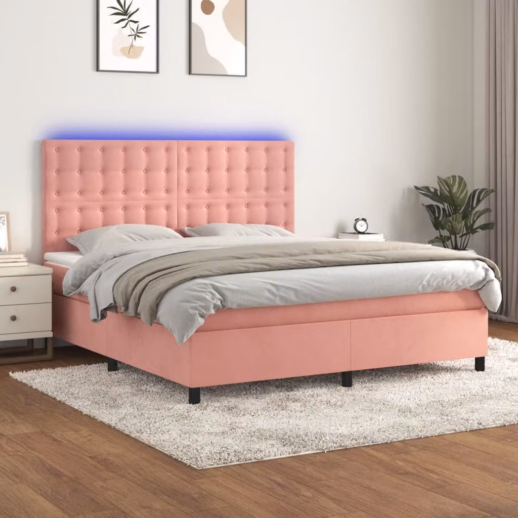 Letto a Molle con Materasso Ibrido vidaXL in Velluto Rosa con LED e Porte USB L: 160 cm, P: 200 cm – 1