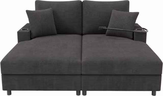 Divano Letto 2 Posti in Corduroy con Porta Cellulare Girevole, Porte USB e Portabicchieri, 163x140x82 cm, Grigio