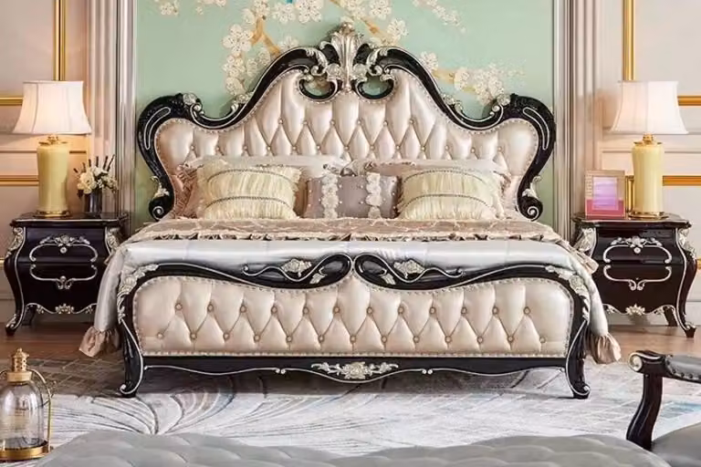 Elegantes Massivholz Doppelbett Kunstleder Klassisch Bett 180x200 cm