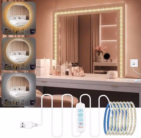 Specchio illuminato a LED per il trucco - Lampada a parete con 3 tonalità di luce e 9 livelli di intensità - 2 metri
