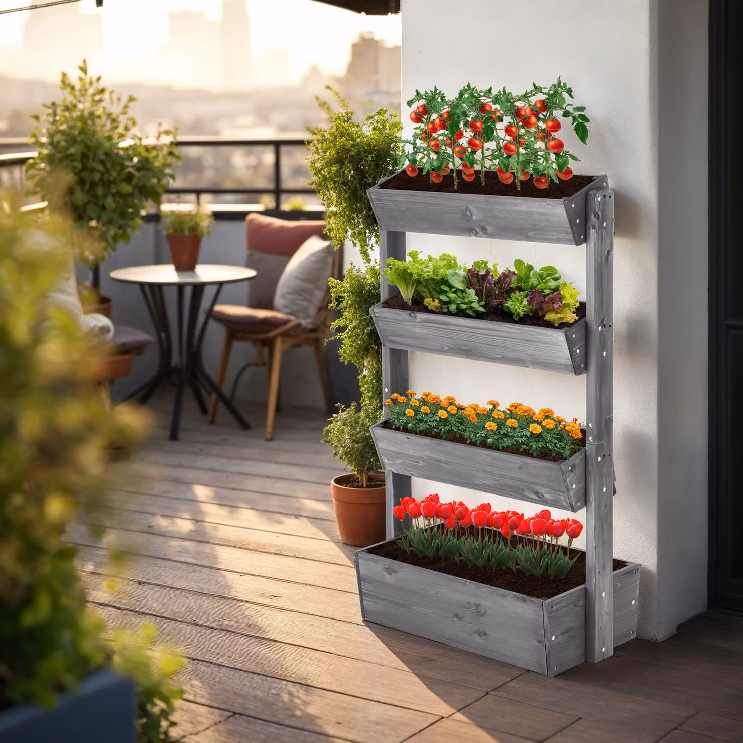 Aiuola verticale Flora tectake in legno verniciato grigio con tessuto non tessuto per piante, L: 85 cm, P: 45 cm, H: 140 cm – 1