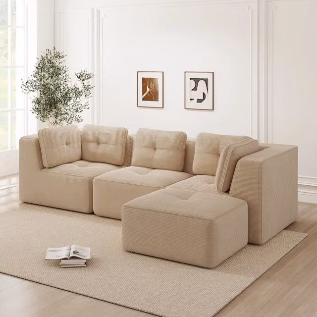 Divano angolare modulare senza montaggio in velluto a coste beige